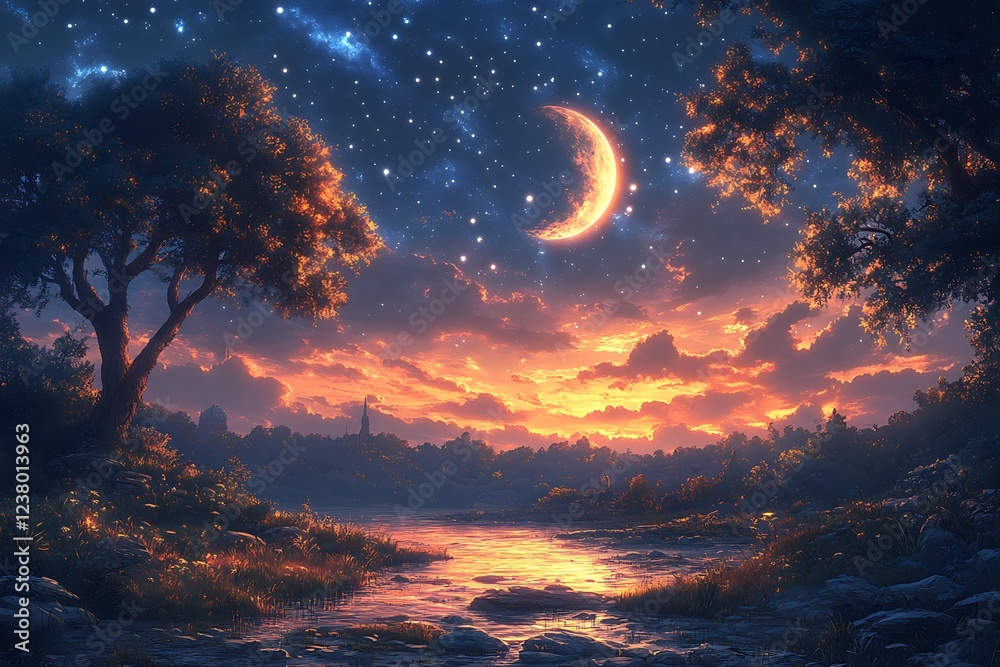 Fototapeta premium Tranquil Nightscape with Crescent Moon Shooting Star and Glowing Clouds Above Serene River
