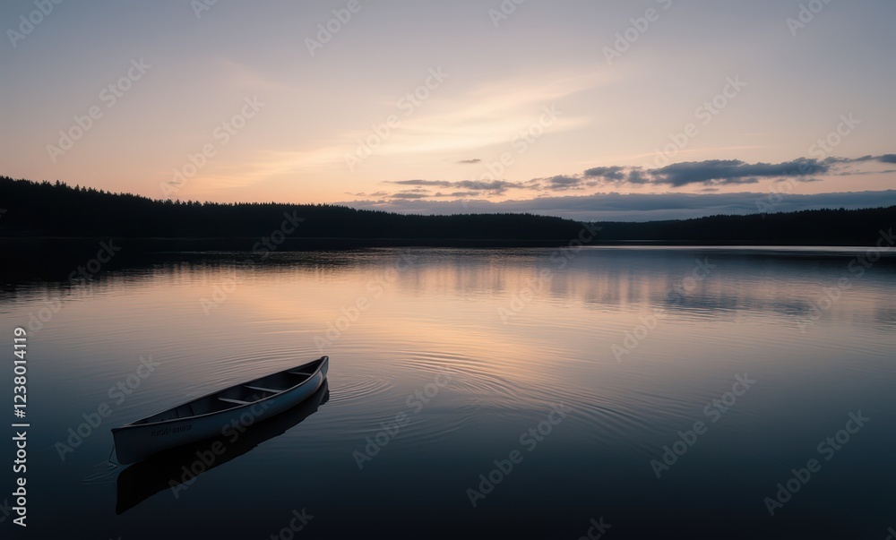 Serene sunset over still lake with canoe Serene sunset over still lake with canoe