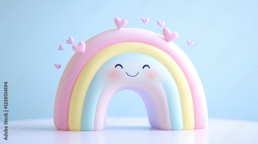 A chubby pastel rainbow with tiny bouncing hearts, looking extra cute, isolated on white A chubby pastel rainbow with tiny bouncing hearts, looking extra cute, isolated on white