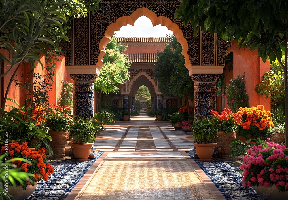 Fototapeta premium Peaceful Garden Pathway Lined with Flowers Leading to Arched Gateway