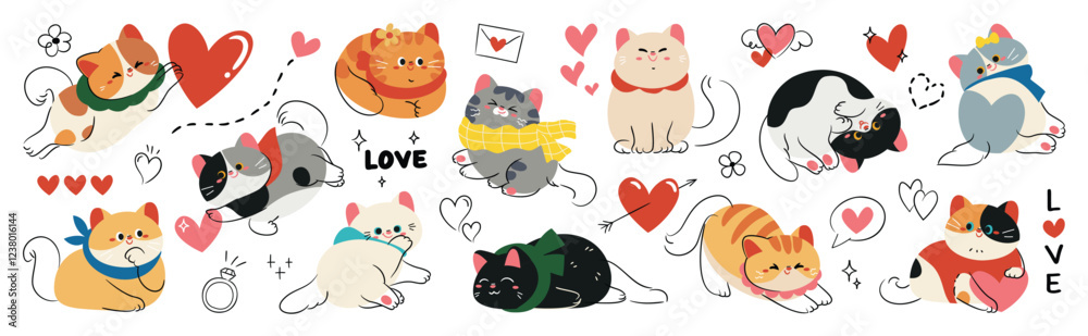 Fototapeta Cute Happy Valentines cat doodle vector set. Cartoon cat or kitten characters design collection with flat color in different poses. Set of love event pet animals isolated on white background.
