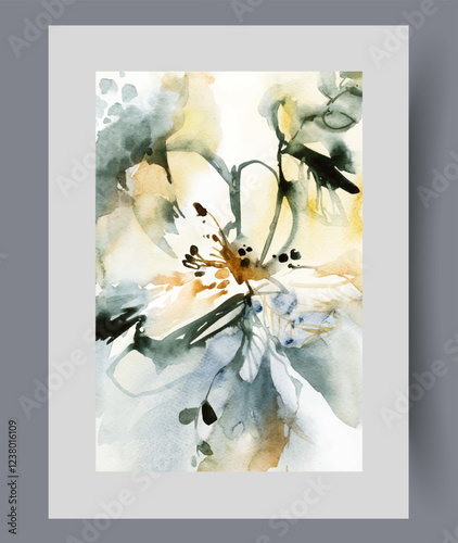 Floral landscape with bud of wildflower with bright fragrant pollen growing in meadow in park. Close-up with wildflower on watercolor artwork for design postcards that give spring mood. Decor, print