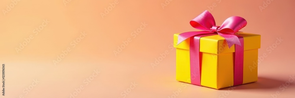 Obraz premium Bright yellow gift box, pink ribbon bow Festive celebration , cheerful, adorable