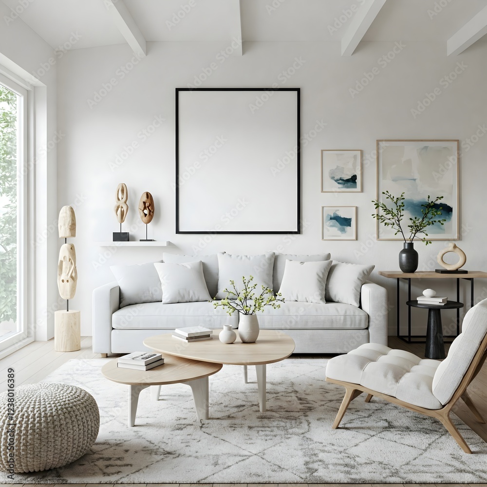 Fototapeta premium Frame mockup, ISO A paper size. Living room wall poster mockup. Interior mockup with house background. Modern interior design. 3D render