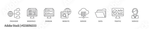 Web hosting icon set flow process which consists of provider, webspace, domain, website, server, data, traffic and service icon live stroke and easy to edit .