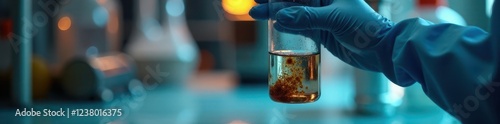 Hand in lab glove holding vial of murky water sample from industrial effluent , toxic, experiment