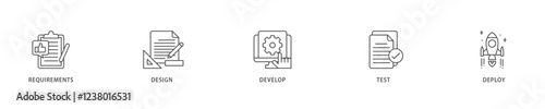 Waterfall icon set flow process which consists of requirements, design, develop, test and deploy icon live stroke and easy to edit .