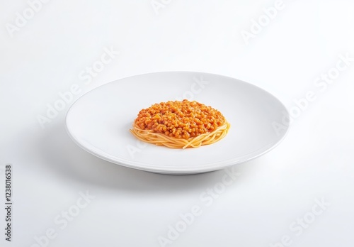 Small portion of spaghetti with meat sauce on a white plate.