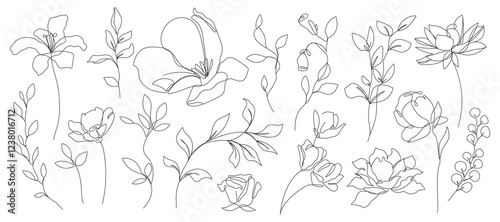 Flowers Set One Line Drawing. Vector Outline Flowers and Leaves Branches. Botanical Floral Contour Art. Black Sketch Isolated on White. Great for Prints, Tattoo, Wall Art, Invitation, Greeting Cards