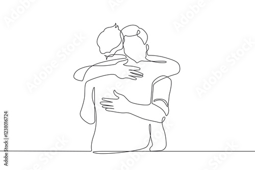 Two Men Hugs One Continuous Line Drawing. Friendship Concept in Simple Linear Style. Man Friendship Editable Stroke Doodle Vector Illustration