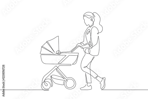 Woman Pushes a Baby Carriage One Line Vector Illustration. Continuous Single Line Drawing of Mom walking with Newborn. Happy Mother`s Day Card with Hand Drawn Contour Silhouette Outline Style