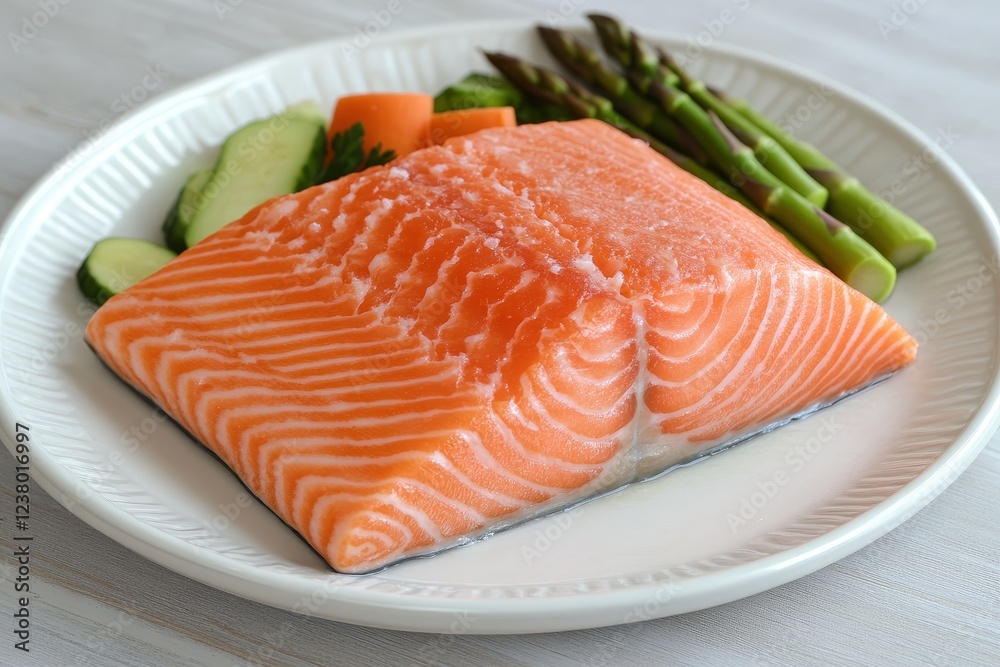 Fresh salmon fillet with asparagus and vegetables on a plate. Fresh salmon fillet with asparagus and vegetables on a plate.