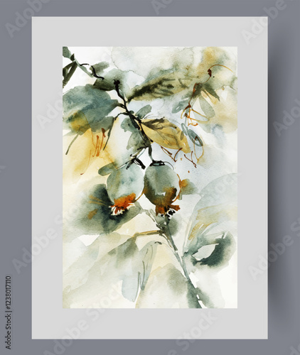 Tree branch with two fruits that did not have time to bloom on wall art. Watercolor artwork. Print with dense branches of spring tree growing in garden, in frame with decor for poster