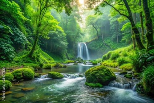 Lush green forest with a meandering stream and waterfalls in the background, rocks, refreshing, foliage
