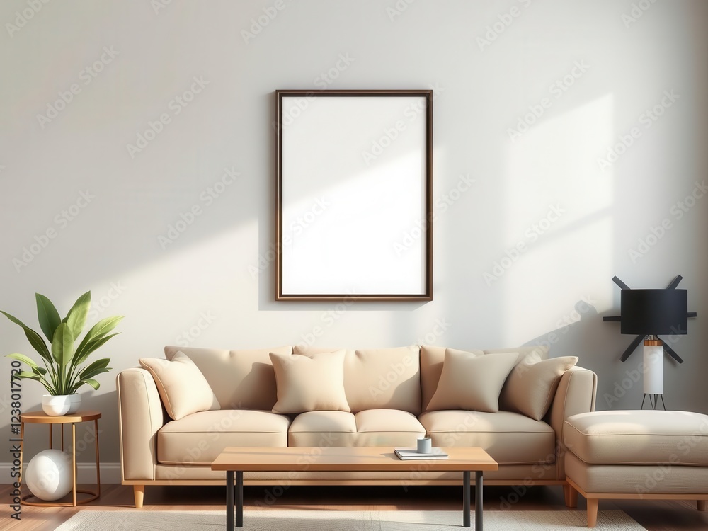 Fototapeta premium A mockup of a living room wall art with a frame that can be customized with any image or design, adding a personal touch to home decor, creative, blank, customizable