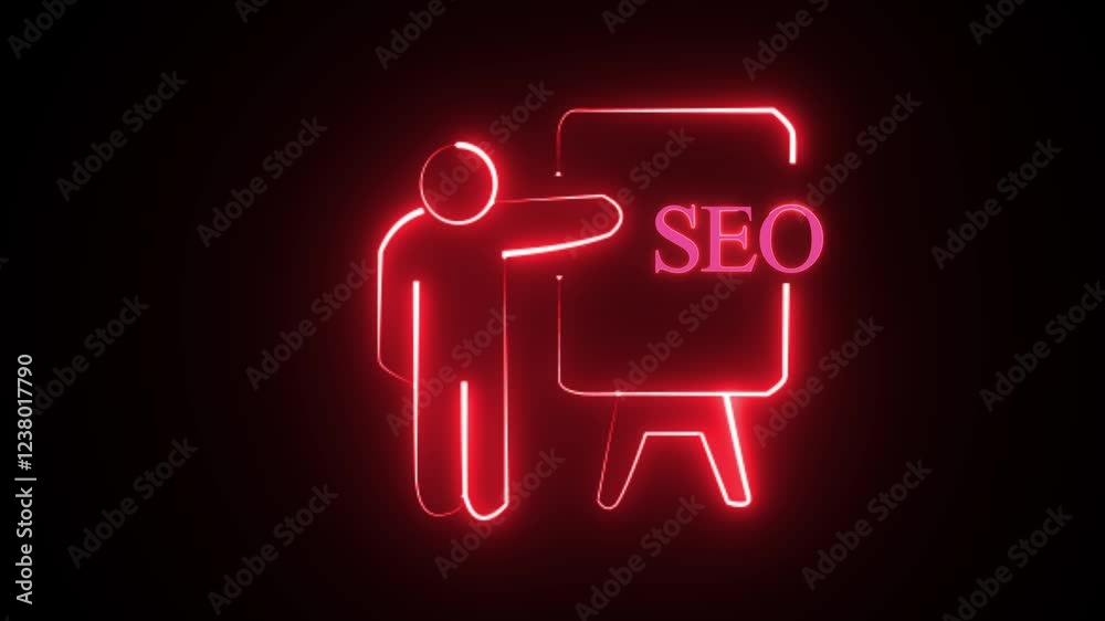 a glowing neon-style graphic that depicts a person standing next to a presentation board labeled a glowing neon-style graphic that depicts a person standing next to a presentation board labeled