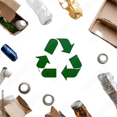 and minimalist recycling logo surrounded by various recyclable items on a white background 