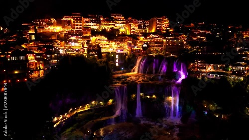 Furong Town, China, Night lights, Water fall