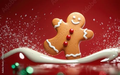 Floating Christmas Gingerbread Cookie with a Splash of Icing and Cinnamon Powder on a Festive Red and Green Background, Warm Holiday Glow