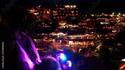 Furong Town, China, Night lights, Water fall