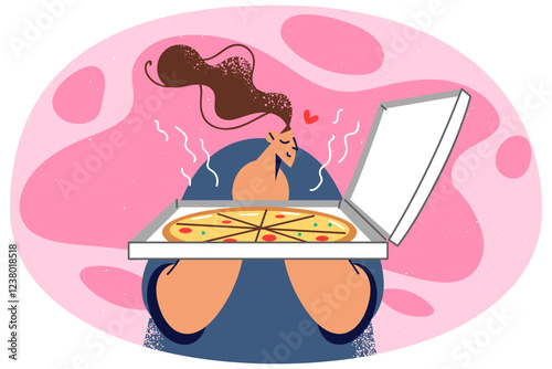 Happy woman smell tasty pizza in box