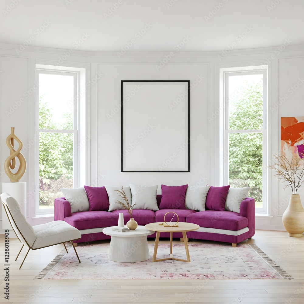 Fototapeta premium Frame mockup, ISO A paper size. Living room wall poster mockup. Interior mockup with house background. Modern interior design. 3D render