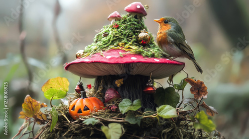 Cartoon Halloween witch hat adorned with enchanting mushrooms, a friendly bird, winding vines, lush leaves, and jingling bells. Isolated vector whimsical magical accessory for spooky wizard costume photo