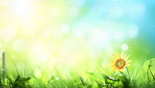 Sunny day, single sunflower in vibrant green grass with bokeh background.