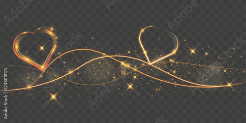 Golden glowing heart shapes, light trails in a dark background. Romantic Valentine’s Day design elements with elegant shiny effects and bokeh.