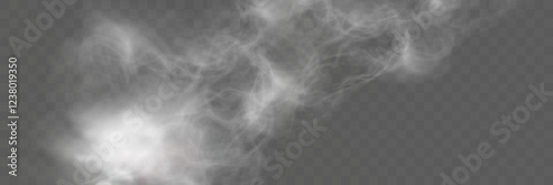 Realistic white smoke or mist effect with soft, swirling patterns on a transparent background. Perfect for overlays and atmospheric designs.
