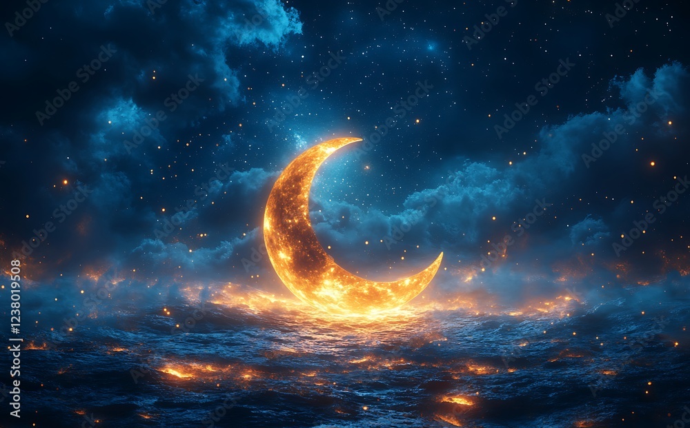 Fototapeta premium Radiant Crescent Moon in a Starry Night Sky
