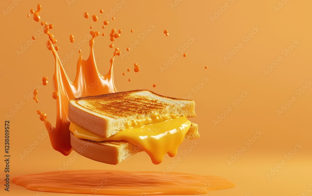Floating Grilled Cheese Sandwich with a Splash of Tomato Soup Dipping on a Soft Pastel Orange Background