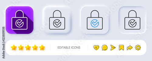 Lock with Check line icon. Neumorphic, Flat shadow, 3d buttons. Private locker sign. Password encryption symbol. Line password encryption icon. Social media icons. Vector