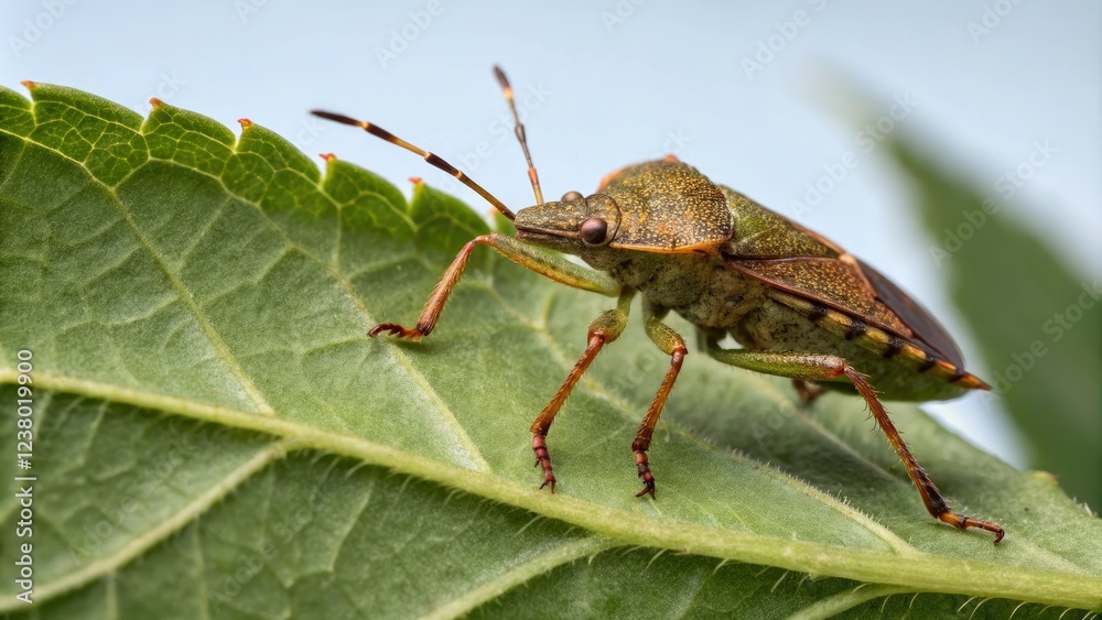 Macro image of stink bug's legs and claws on a smooth green leaf, green leaf, macro photography, insect life, insects close-up Macro image of stink bug's legs and claws on a smooth green leaf, green leaf, macro photography, insect life, insects close-up