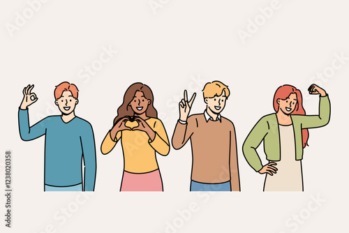 Gestures of agreement and approval are demonstrated by multiracial people, sign of solidarity. Positive guys and girls showing OK symbol or V heart sign for support or approval of advertised product