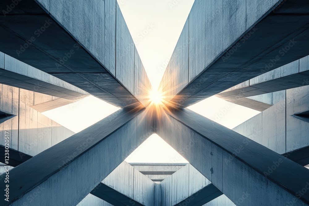 Fototapeta premium Modern architectural structure with sunlight through geometric concrete beams