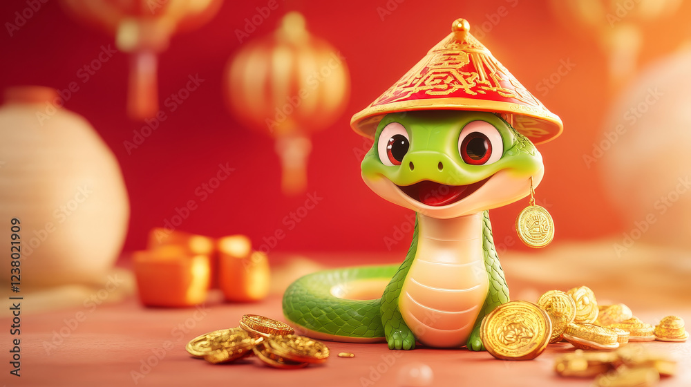 Chinese new lunar year cartoon snake character with cheerful expression, conical asian hat and gold coin on its tail, conveys joy, prosperity and celebration. Cute green reptile symbol of 2025 year Chinese new lunar year cartoon snake character with cheerful expression, conical asian hat and gold coin on its tail, conveys joy, prosperity and celebration. Cute green reptile symbol of 2025 year