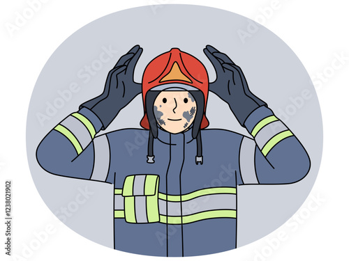 Εκτύπωση καμβά Man firefighter in uniform and protective helmet with traces of soot on face after extinguishing burning building