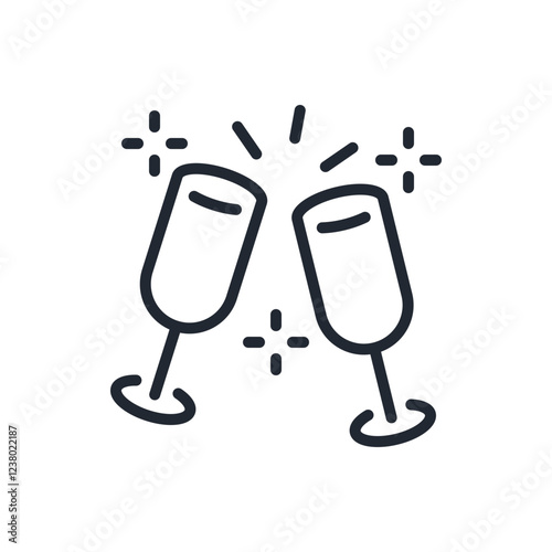 Two glasses of champagne clink editable stroke outline icons set isolated on white background flat vector illustration. Pixel perfect. 64 x 64.