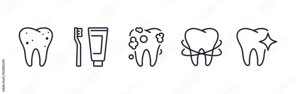 Teeth cleaning editable stroke outline icons set isolated on white background flat vector illustration. Pixel perfect. 64 x 64.