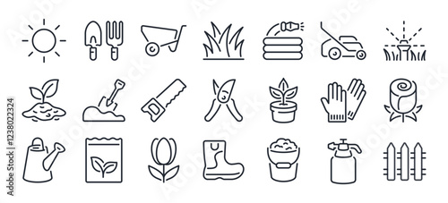 Gardening and flower editable stroke outline icons set isolated on white background flat vector illustration. Pixel perfect. 64 x 64.