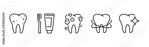 Teeth cleaning editable stroke outline icons set isolated on white background flat vector illustration. Pixel perfect. 64 x 64.