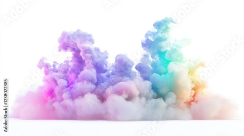Rainbow with fluffy cotton candy clouds and a soft glowing effect, isolated on white