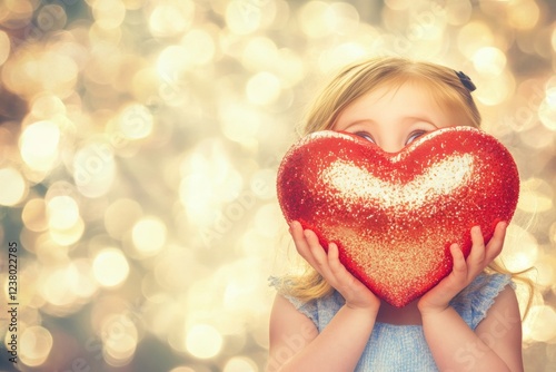 Commercial ad creative. Sign of love. Ð¡hildren valentine's day greeting card: child girl with stunned face holds red heart in hands. Valentine's smiles for family. Love and red heart. photo