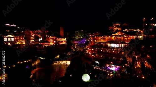 Furong Town, China, Night lights, Water fall