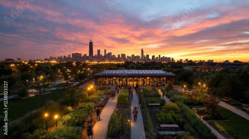 Sunrise Urban Oasis Solar-Lit Rooftop Community Garden with Diverse Planting Enthusiasts - Eco-Friendly City Views and Sustainable Development for Modern Urban Living photo