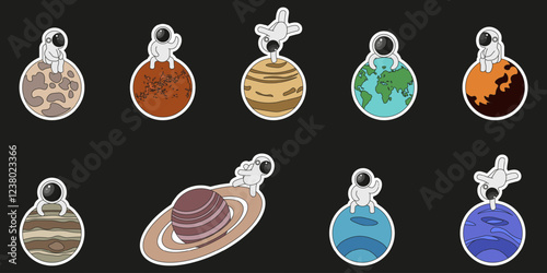 Cosmic Sticker set isolated black background. Astronaut on the Space planet. Space Exploration theme. Vector illustration for social media. EPS 10