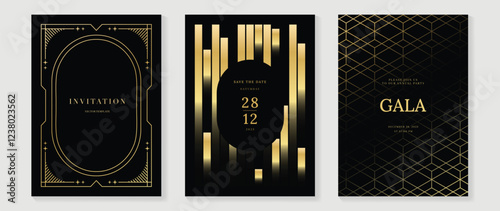 Luxury invitation card background vector. Golden elegant wavy gold line pattern on black background. Premium design illustration for wedding, vip cover template, grand opening, flyer.
