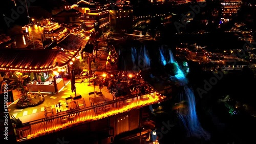Furong Town, China, Night lights, Water fall