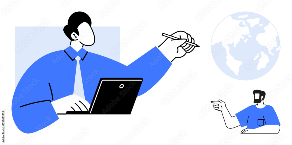 Two men in blue communicating one using laptop and pointing towards a globe, the other pointing outwards. Ideal for teamwork, technology, global communication, virtual meetings, education Two men in blue communicating one using laptop and pointing towards a globe, the other pointing outwards. Ideal for teamwork, technology, global communication, virtual meetings, education